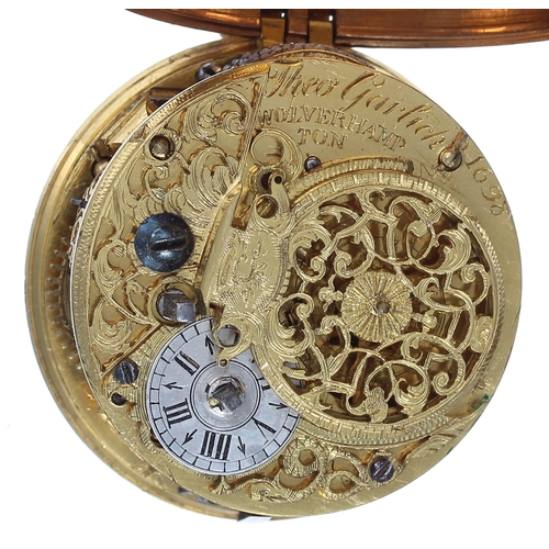 834 - Good English 18th century gilt metal and shagreen verge pocket watch, the fusee movement signed Theo... 