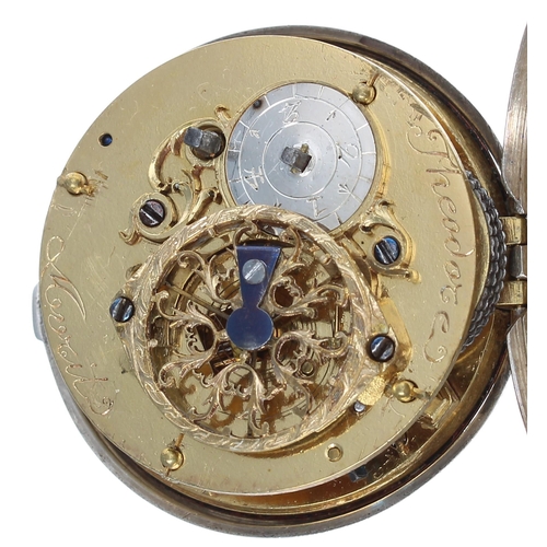 837 - Continental white metal verge pair cased repousse pocket watch, the fusee movement signed Theodore A... 