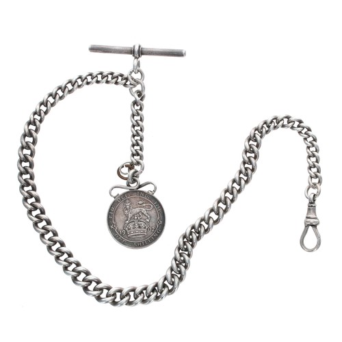 867 - Silver graduated curb watch Albert chain, with silver T-bar and clasp and one shilling fob, 49gm, 14... 