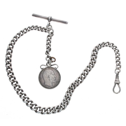 867 - Silver graduated curb watch Albert chain, with silver T-bar and clasp and one shilling fob, 49gm, 14... 