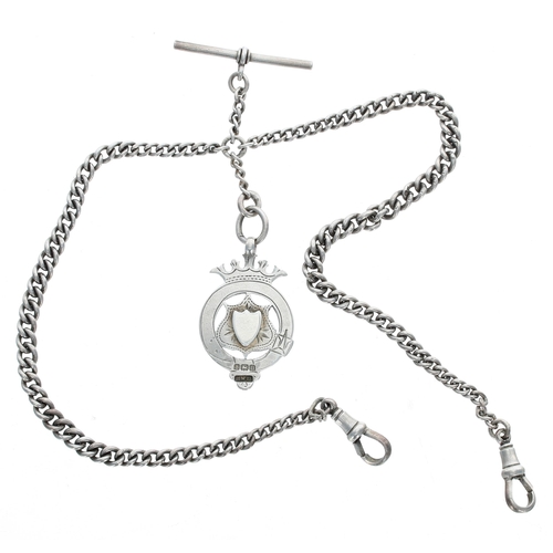 870 - Silver graduated double watch Albert chain, with silver T-bar, two silver clasps and silver medallio... 