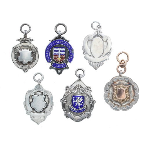 886 - Six silver medallion fobs to include one Bath & District Association Football League enamelled e... 