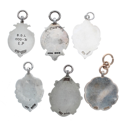 886 - Six silver medallion fobs to include one Bath & District Association Football League enamelled e... 