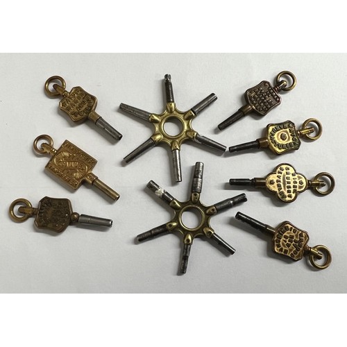 885 - Seven assorted trade advertising pocket watch keys, also two 'spider' watch keys (9)... 