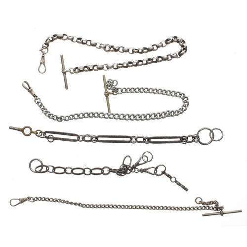 876 - Steel loop watch chain with two clasps and crank winding key; together with a steel Figaro link watc... 