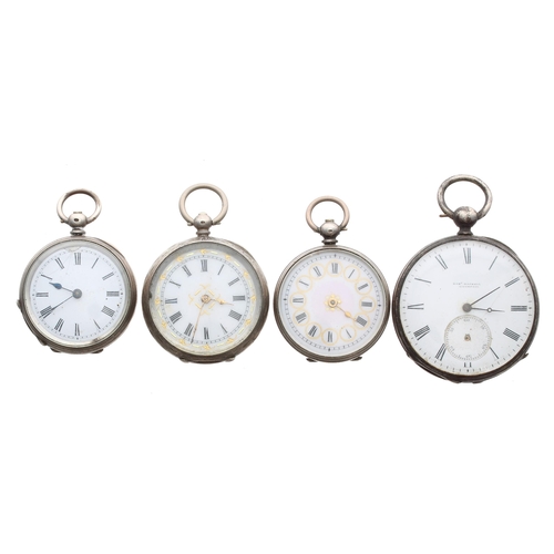 906 - Three silver (0.800) cylinder engraved fob watches; together with a Robert Roskell, Liverpool white ... 