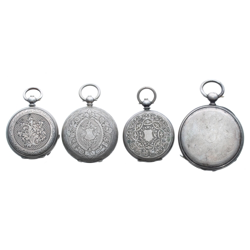 906 - Three silver (0.800) cylinder engraved fob watches; together with a Robert Roskell, Liverpool white ... 