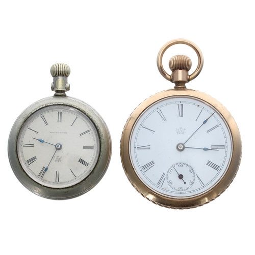 908 - Waterbury Watch Co. gold plated duplex engine turned pocket watch, 48mm; together with a Waterbury W... 