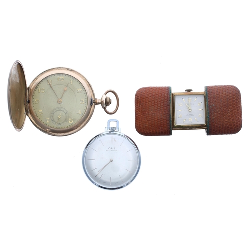 911 - Gold plated lever hunter dress pocket watch, 51mm; together with an Oris chrome cased lever dress po... 