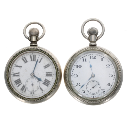 912 - Swiss nickel cased lever pocket watch, screw bezel, 58mm; together with a nickel cased lever pocket ... 