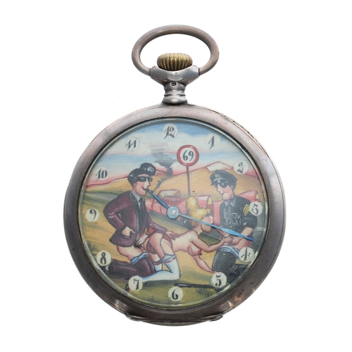 914 - Novelty silver (0.800) erotic automaton pocket watch, lever movement no. 1234722, inscribed hinged c... 