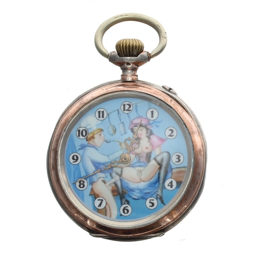 915 - Silver (0.800) erotic pocket watch, cylinder movement no. 742052, inscribed metal hinged cuvette, th... 