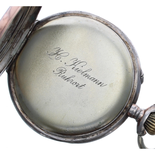 915 - Silver (0.800) erotic pocket watch, cylinder movement no. 742052, inscribed metal hinged cuvette, th... 