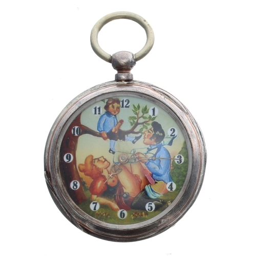 916 - Silver (0.800) erotic pocket watch, cylinder movement, inscribed metal hinged cuvette, the printed p... 