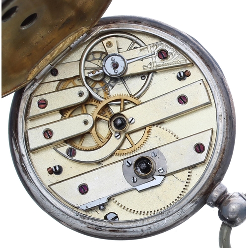 916 - Silver (0.800) erotic pocket watch, cylinder movement, inscribed metal hinged cuvette, the printed p... 