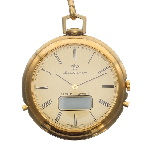 920 - Jules Jurgensen analogue/LCD travel alarm gold plated pocket watch, the case with hinged stand, quar... 