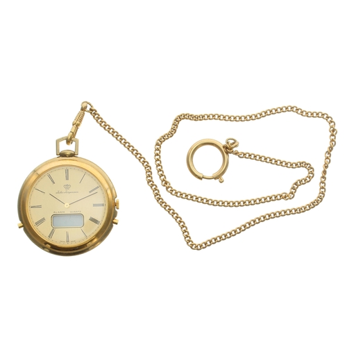 920 - Jules Jurgensen analogue/LCD travel alarm gold plated pocket watch, the case with hinged stand, quar... 