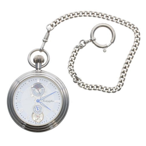 921 - Eichmuller chrome cased lever travel pocket watch, the dial with applied Roman numerals, minute mark... 