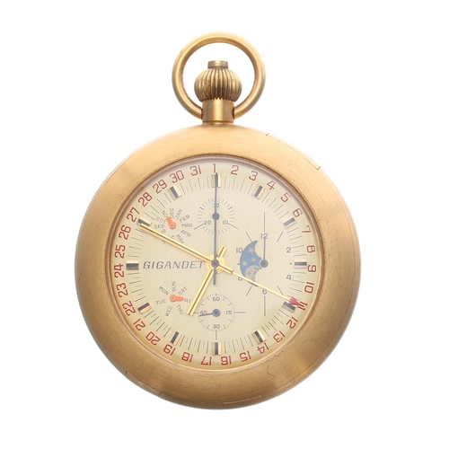 922 - Gigandet centre seconds chronograph calendar gold plated lever pocket watch, 17 jewel unadjusted mov... 