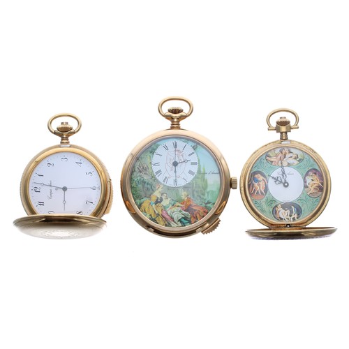 918 - Three erotic gold plated pocket watches displayed within a pewter hinged case and labelled 'Tempus A... 