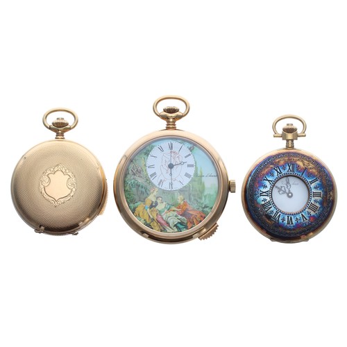 918 - Three erotic gold plated pocket watches displayed within a pewter hinged case and labelled 'Tempus A... 