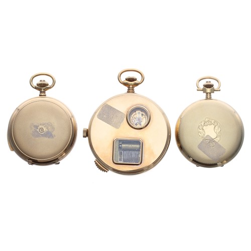 918 - Three erotic gold plated pocket watches displayed within a pewter hinged case and labelled 'Tempus A... 