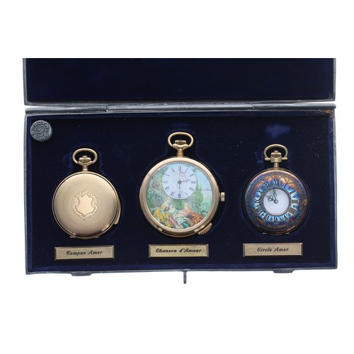 918 - Three erotic gold plated pocket watches displayed within a pewter hinged case and labelled 'Tempus A... 