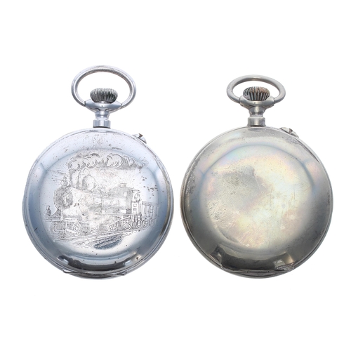 927 - Systeme Roskopf Patente nickel lever cased pocket watch, the case with engraved locomotive, 53mm; to... 