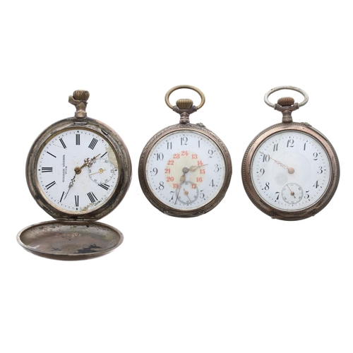 932 - Continental silver (0.800) lever hunter pocket watch for repair, 52mm; together with two continental... 