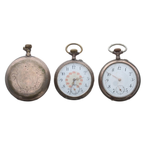 932 - Continental silver (0.800) lever hunter pocket watch for repair, 52mm; together with two continental... 