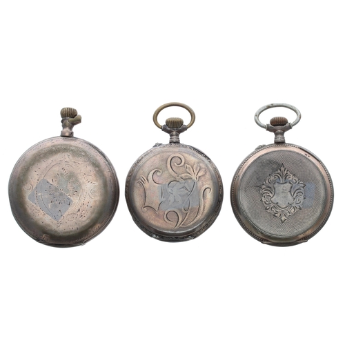 932 - Continental silver (0.800) lever hunter pocket watch for repair, 52mm; together with two continental... 