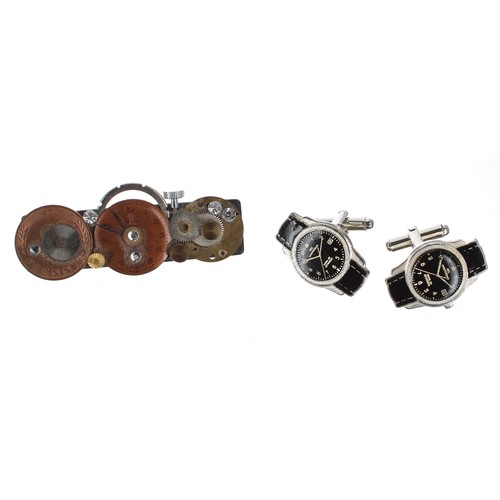 934 - 14ct cylinder watch head, 18.9gm, 30mm; together with a pair of metal watch design cufflinks; custom... 