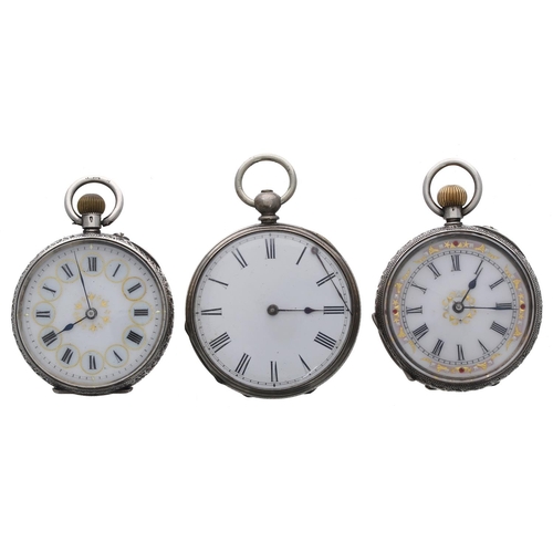 938 - Two silver cylinder engraved fob watches; together with an engraved nickel cased cylinder fob watch ... 