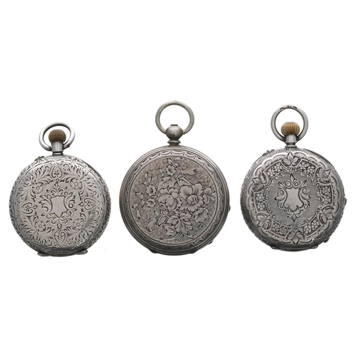 938 - Two silver cylinder engraved fob watches; together with an engraved nickel cased cylinder fob watch ... 