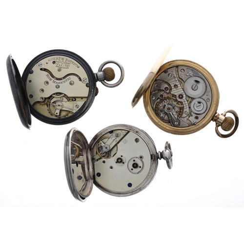 939 - Silver cylinder engine turned pocket watch, 48mm; together with a gold plated lever pocket watch for... 