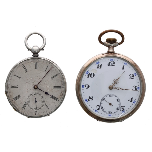 940 - Continental silver (0.800) cylinder pocket watch, hinged metal cuvette, Arabic numeral dial, within ... 