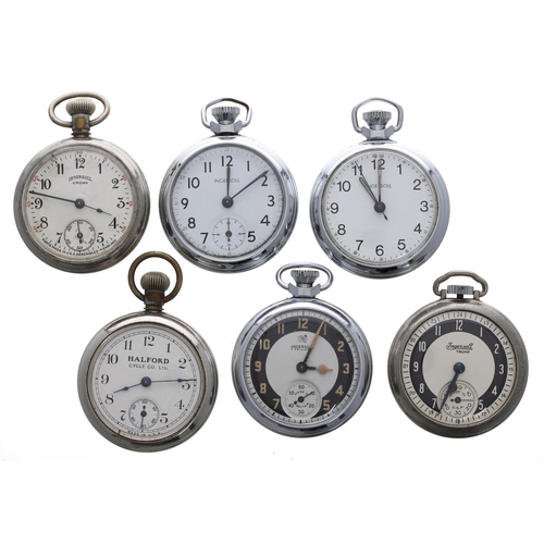 945 - Five assorted Ingersoll pocket watches; together with a 'Halford Cycle Co Ltd' pocket watch (6)... 