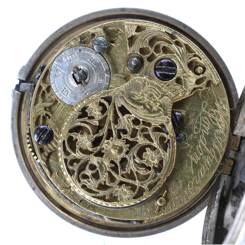 978 - 18th century silver verge repousse pair cased pocket watch, London 1786, the fusee movement signed W... 