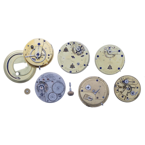 1012 - Six various pocket watch movements to include Waltham 'Riverside' lever, Barraud & Lunds lever, ... 