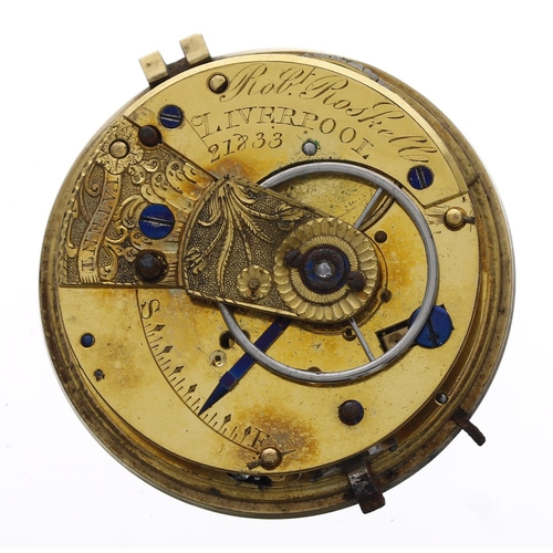 1001 - Robert Roskell, Liverpool fusee rack lever pocket watch movement, no. 21833, with floral engraved ba... 