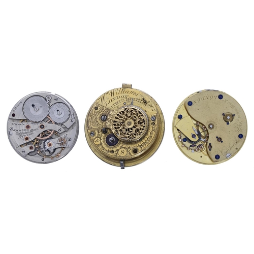 1006 - Three pocket watch movements to include American Waltham 'Riverside' lever, 17 jewel adjusted, no. 1... 