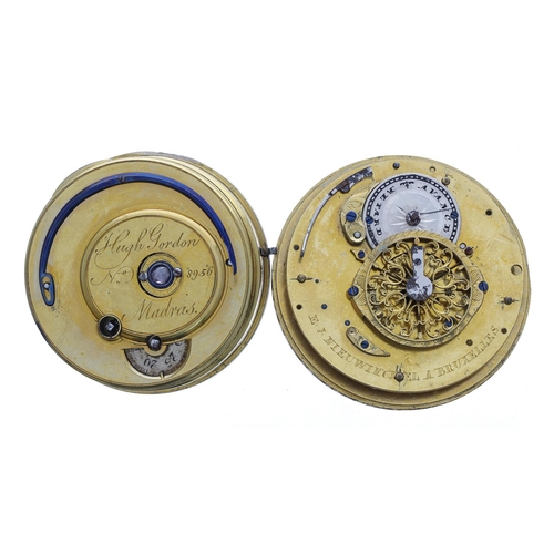 1004 - Hugh Gordon, Madras fusee duplex pocket watch movement, no. 8956, with pierced engraved balance cock... 