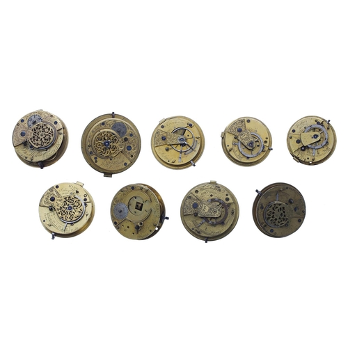 1014 - Nine fusee verge pocket watch movements for repair to include makers Branscomb, London; Williams, Lo... 