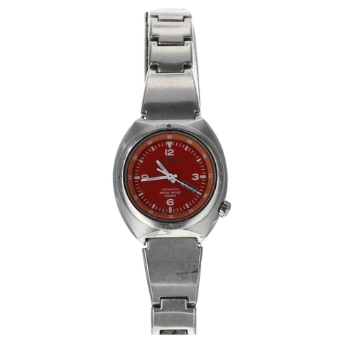 183 - Seiko automatic lady's wristwatch, reference no. 4206-0740, red dial, 17 jewel, exhibition case back... 