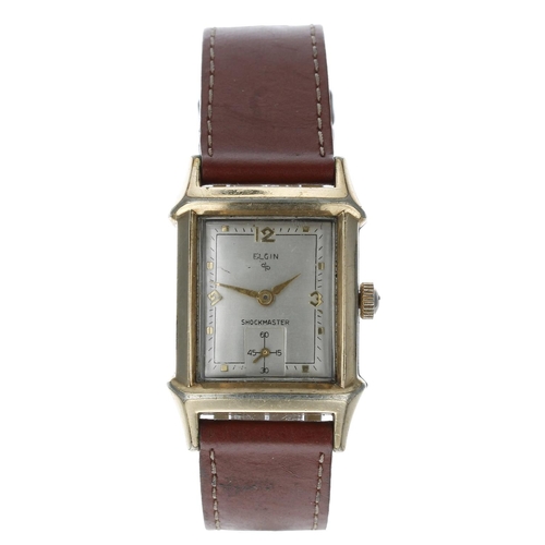 213 - Elgin Shockmaster 10k rolled gold and stainless steel gentleman's wristwatch, rectangular silvered d... 