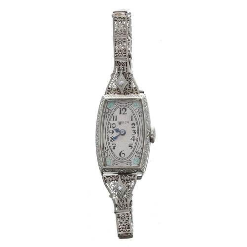 217 - Attractive Gruen 14k white gold filled rectangular wire-lug lady's wristwatch, signed rectangular si... 