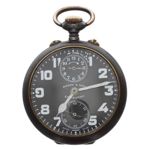 788 - Zenith gunmetal alarm travel pocket watch retailed by Brook & Son, Edinburgh, signed gilt-froste... 