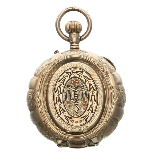 797 - 14k and enamel hunter fob watch, cylinder movement, 10 jewels, inscribed cuvette, no. 41862, the dia... 