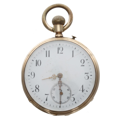 809 - 14ct lever pocket watch, unsigned gilt frosted movement, the dial with Arabic numerals and subsidiar... 