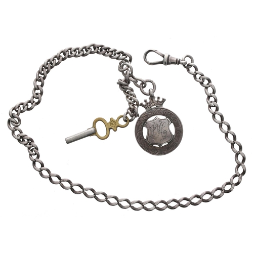 878 - Silver curb watch Albert chain, with silver clasp, silver medallion fob and key, 15.75'' long... 